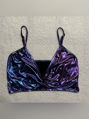 SHEIN Iridescent Blue-Purple Twist Front Spaghetti Strap Crop Top